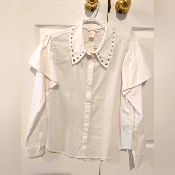 🔷 Women's (Size 12) White Button Down Blouse With Studded Collar - Picture 2 of 5
